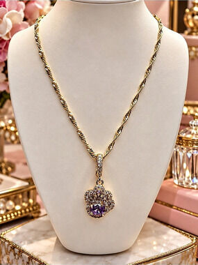 Gold-Filled Twisted Chain Purple Crystal Dog Paw Pendant Necklace